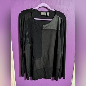 91. Travelers By Chico's Black Patchwork Panel Long Sleeve Blouse XXL 14 16 18